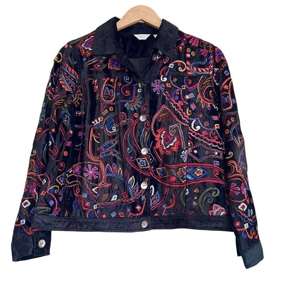 Vintage Laura Ashley Boho Black Velvet Embroidered Jacket Petite Medium - Picture 1 of 8